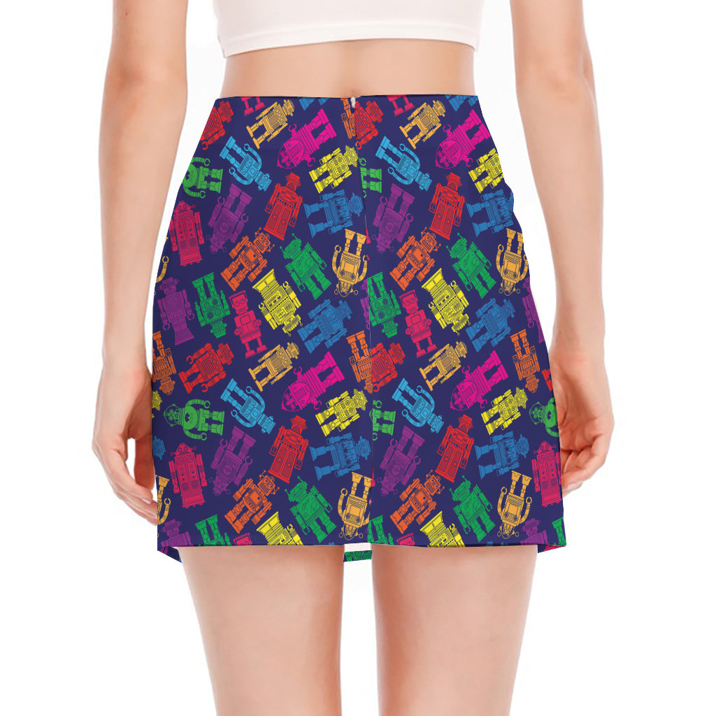 Colorful Robot Pattern Print Side Slit Mini Skirt