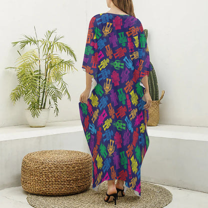 Colorful Robot Pattern Print Silk V-Neck Kaftan Dress