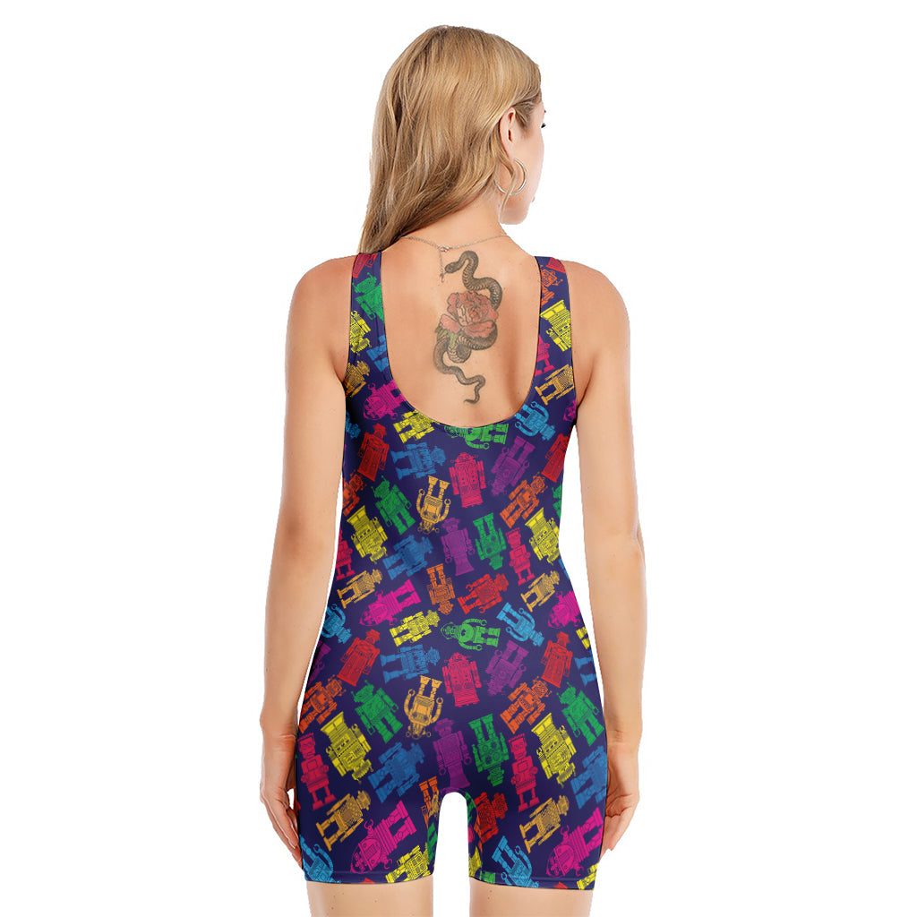 Colorful Robot Pattern Print Sleeveless One Piece Swimsuit