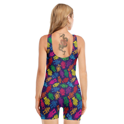 Colorful Robot Pattern Print Sleeveless One Piece Swimsuit