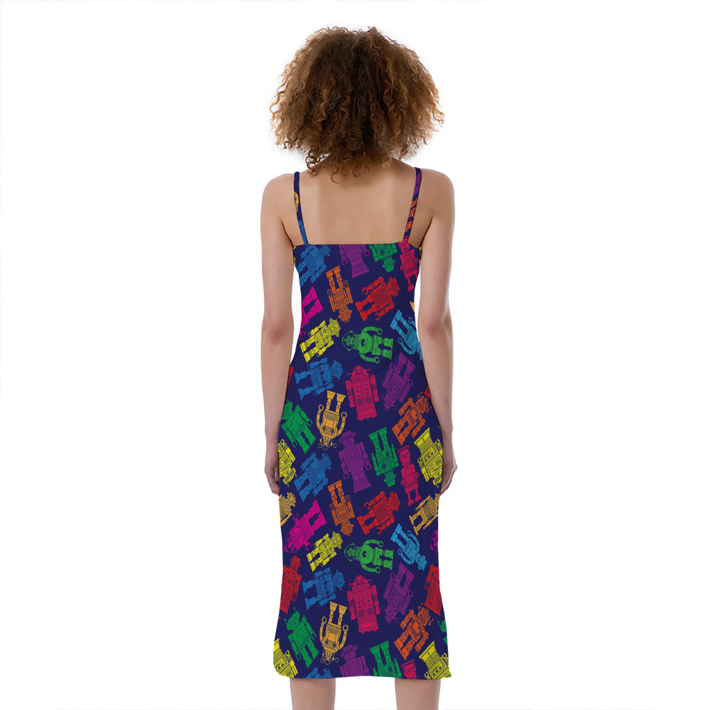 Colorful Robot Pattern Print Slim Fit Midi Cami Dress