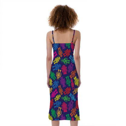 Colorful Robot Pattern Print Slim Fit Midi Cami Dress