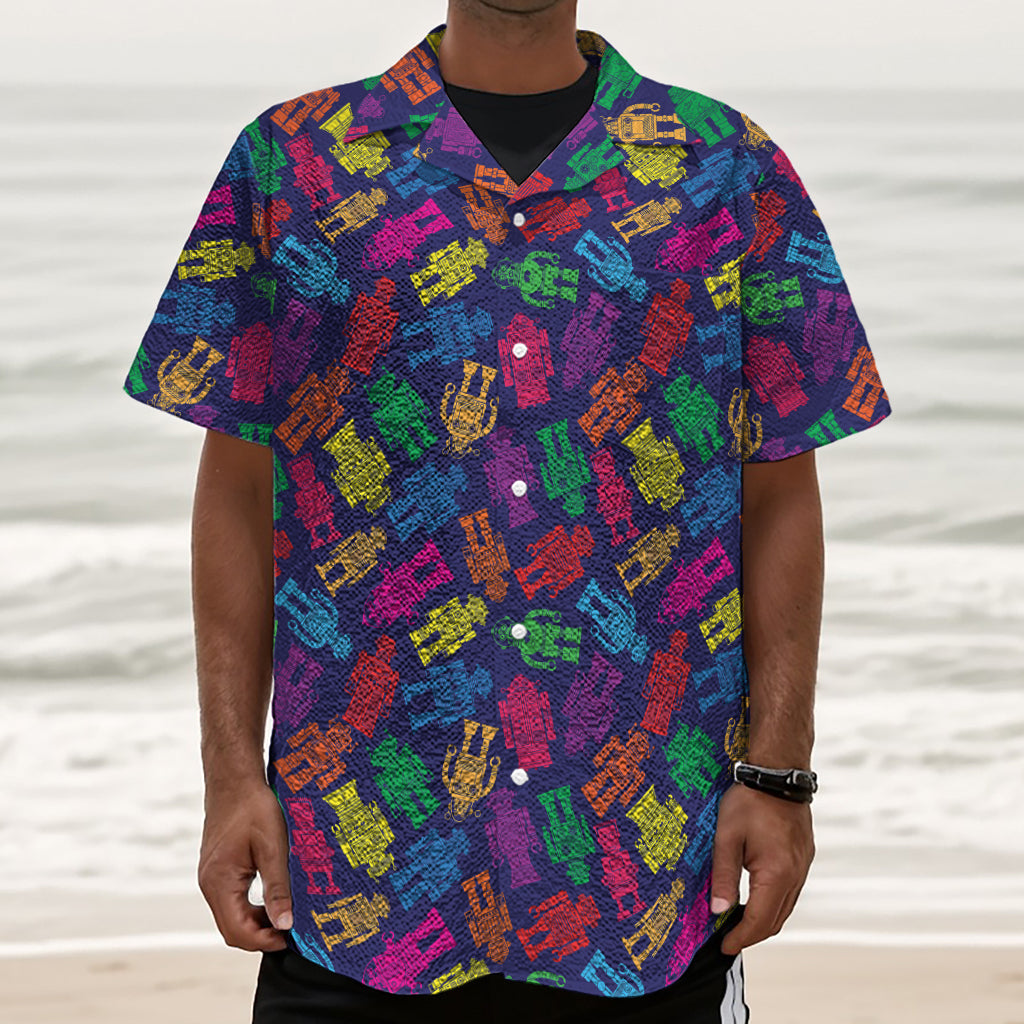 Colorful Robot Pattern Print Textured Short Sleeve Shirt