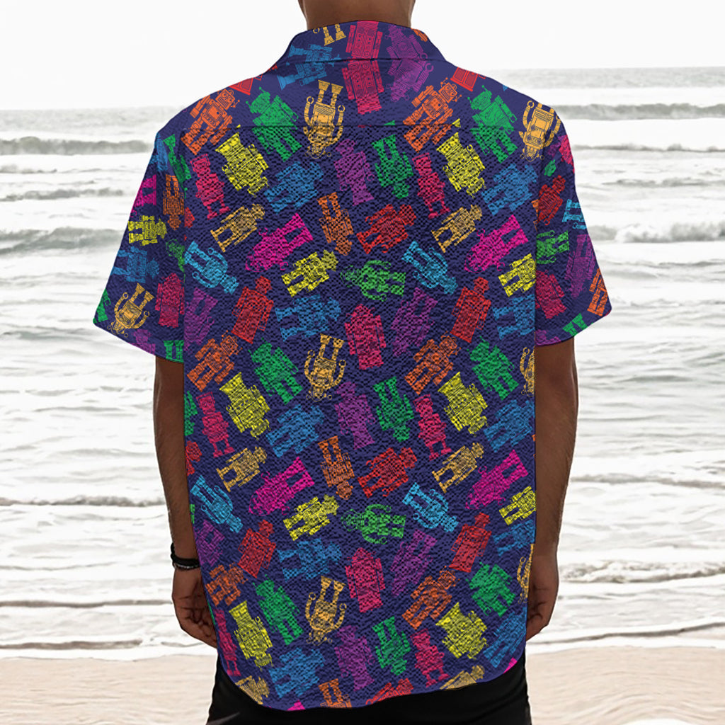 Colorful Robot Pattern Print Textured Short Sleeve Shirt