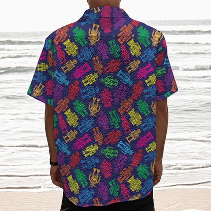 Colorful Robot Pattern Print Textured Short Sleeve Shirt