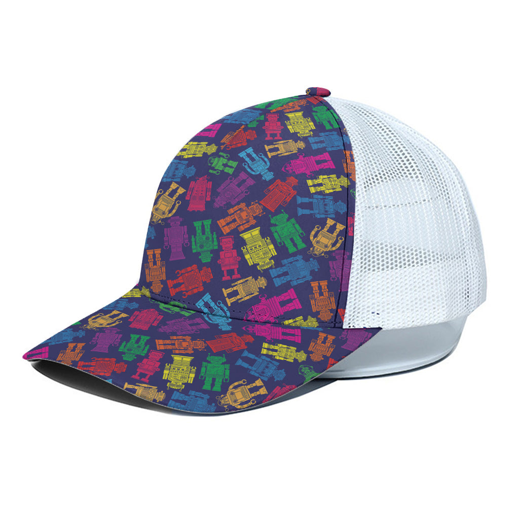 Colorful Robot Pattern Print White Mesh Trucker Cap