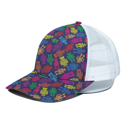 Colorful Robot Pattern Print White Mesh Trucker Cap