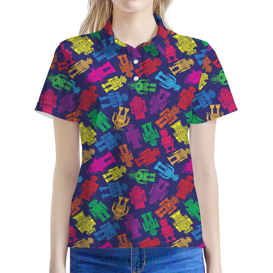 Colorful Robot Pattern Print Women's Polo Shirt