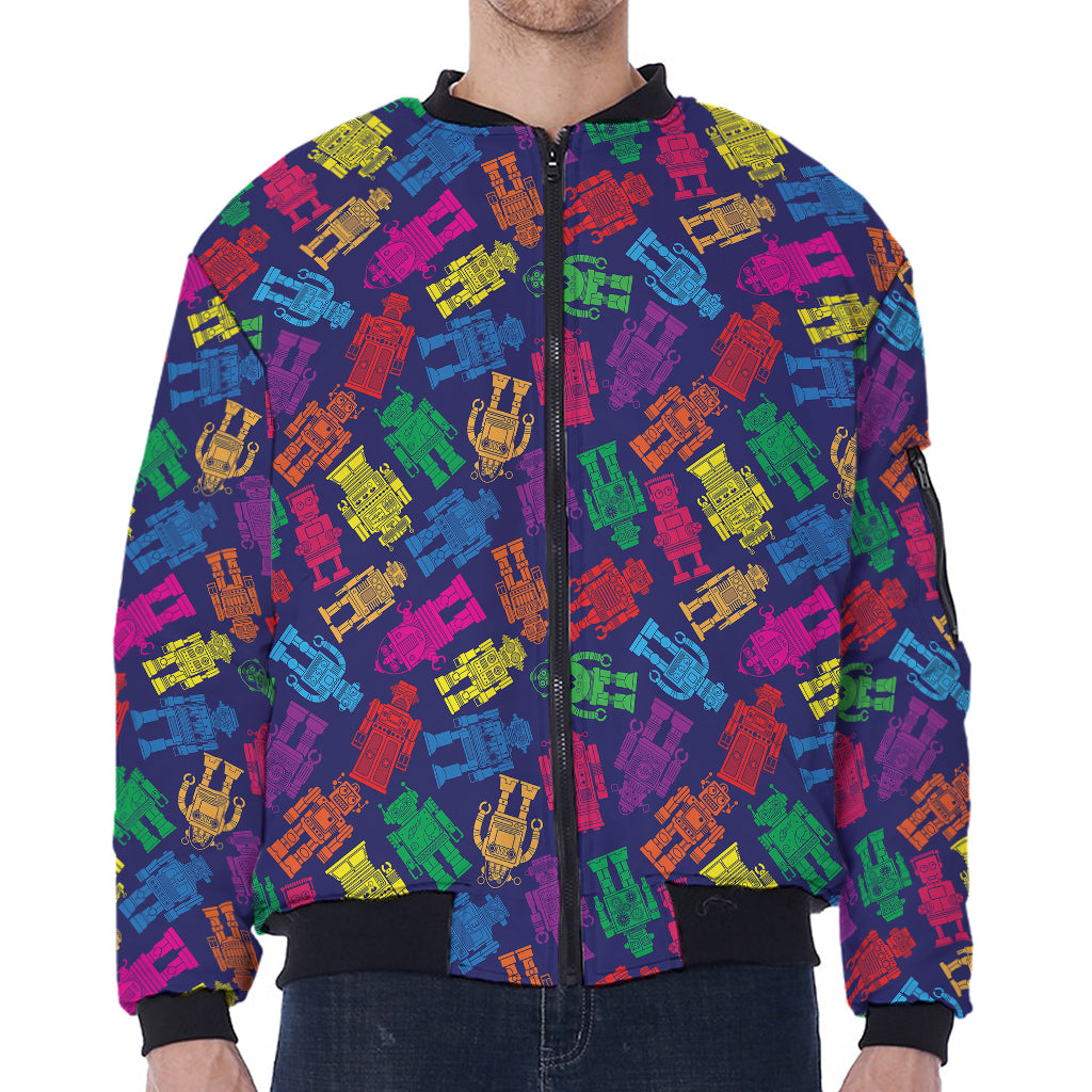 Colorful Robot Pattern Print Zip Sleeve Bomber Jacket