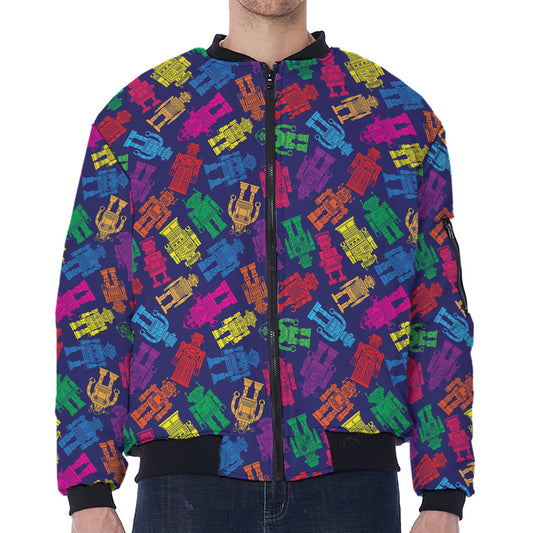 Colorful Robot Pattern Print Zip Sleeve Bomber Jacket