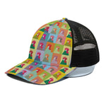 Colorful Rooster Pattern Print Black Mesh Trucker Cap