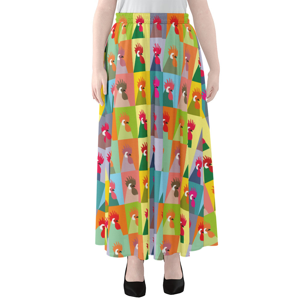 Colorful Rooster Pattern Print Chiffon Maxi Skirt