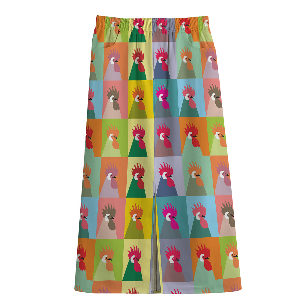 Colorful Rooster Pattern Print Cotton Front Slit Maxi Skirt