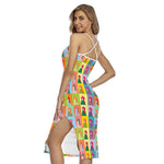 Colorful Rooster Pattern Print Cross Back Cami Dress