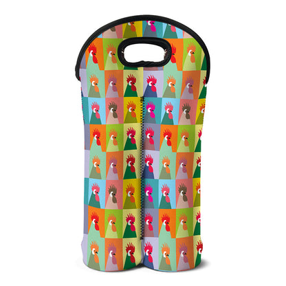Colorful Rooster Pattern Print Double Neoprene Wine Tote