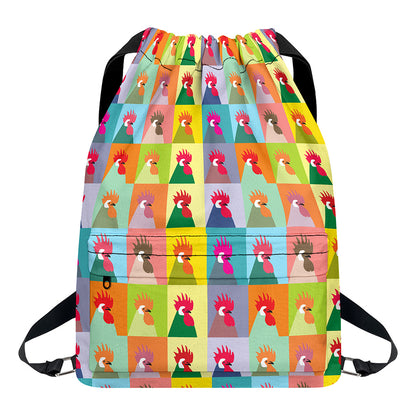 Colorful Rooster Pattern Print Drawstring Backpack