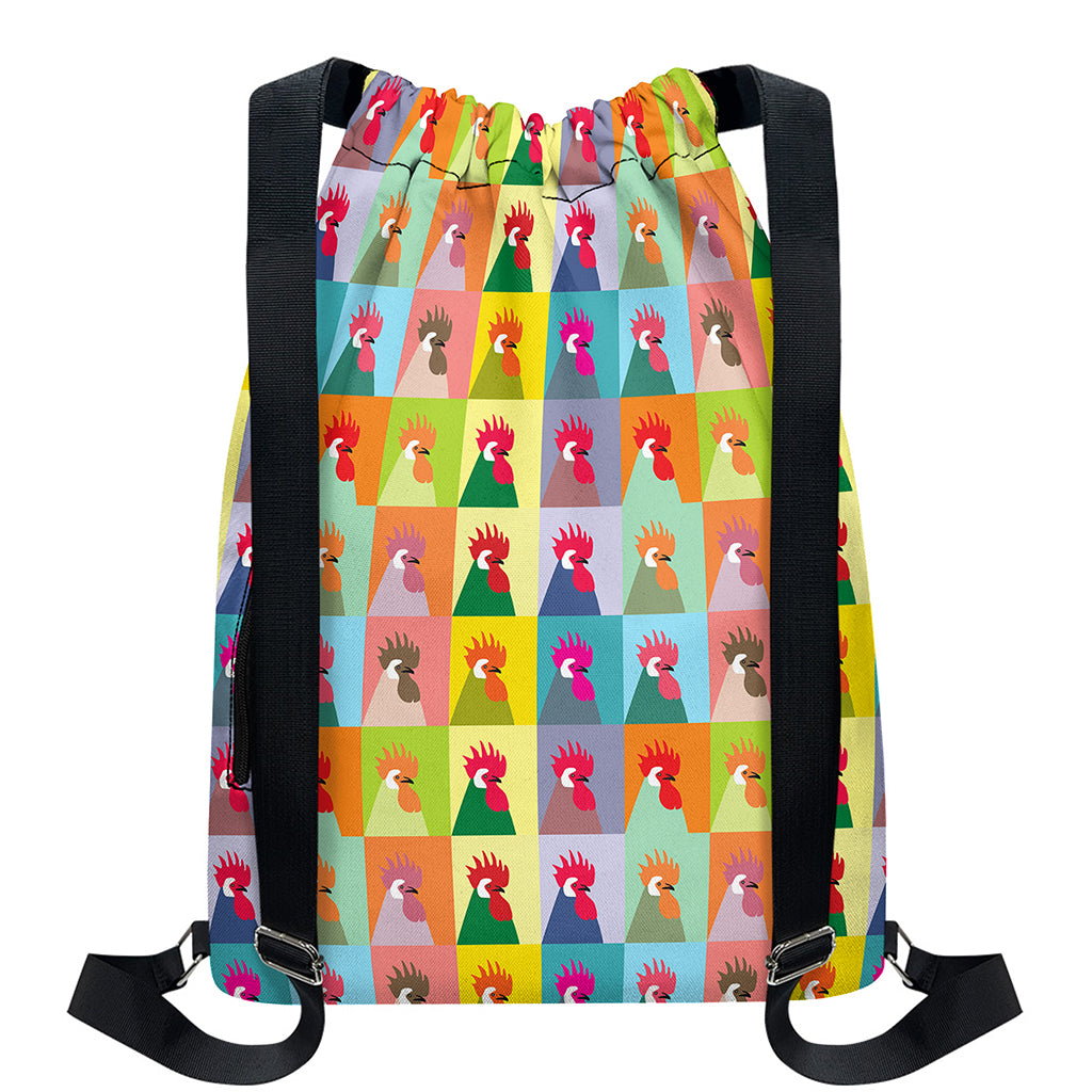 Colorful Rooster Pattern Print Drawstring Backpack