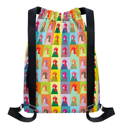Colorful Rooster Pattern Print Drawstring Backpack