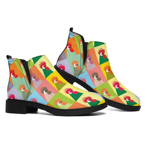 Colorful Rooster Pattern Print Flat Ankle Boots