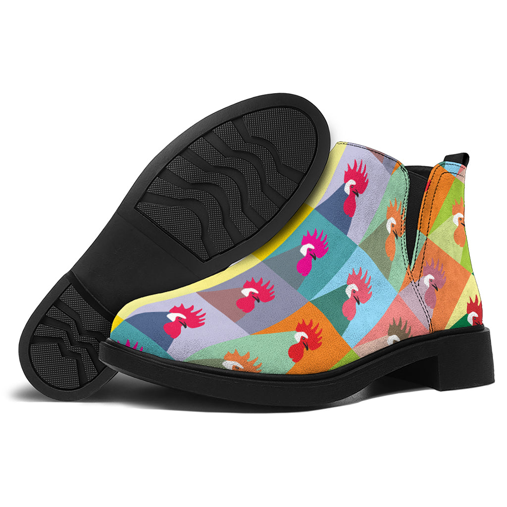 Colorful Rooster Pattern Print Flat Ankle Boots