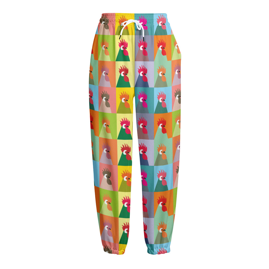 Colorful Rooster Pattern Print Fleece Lined Knit Pants