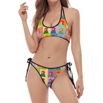 Colorful Rooster Pattern Print Halter Scoop Tie Side Bikini