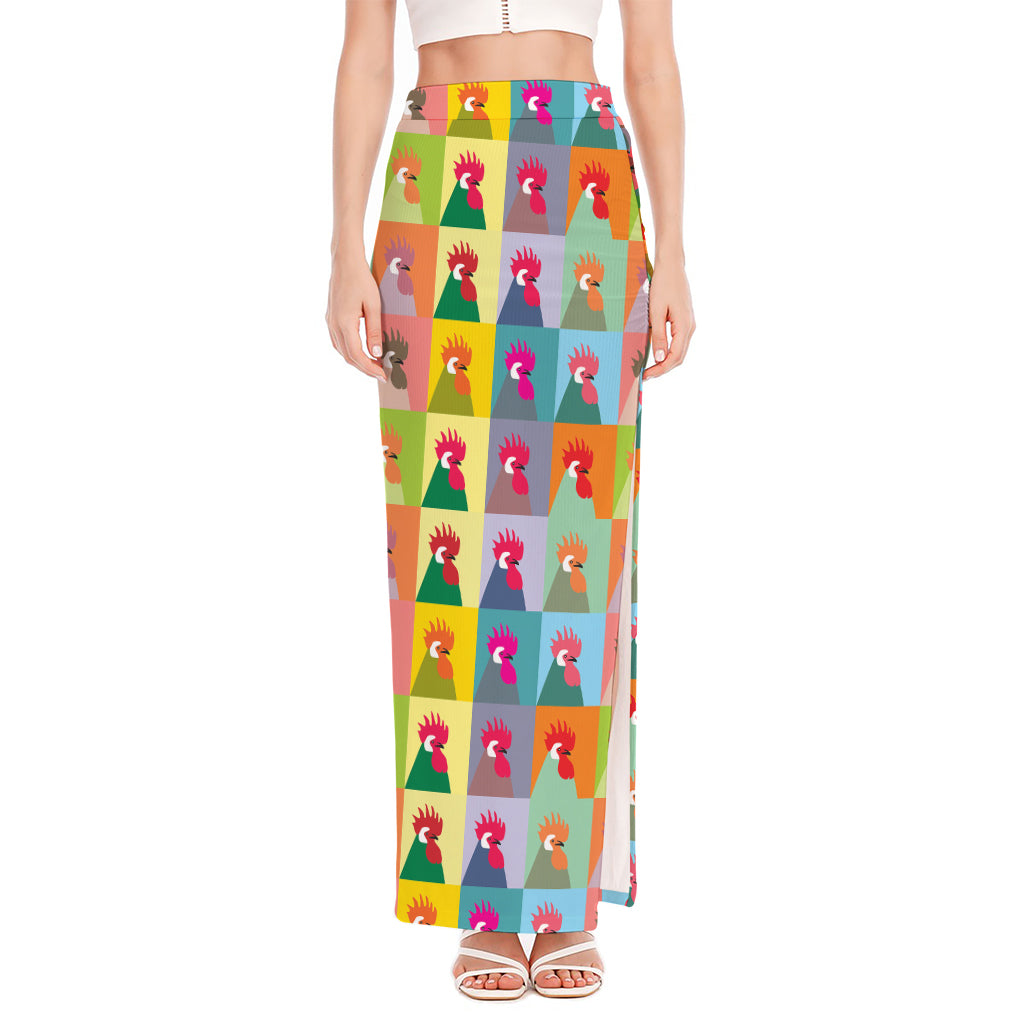 Colorful Rooster Pattern Print High Slit Maxi Skirt