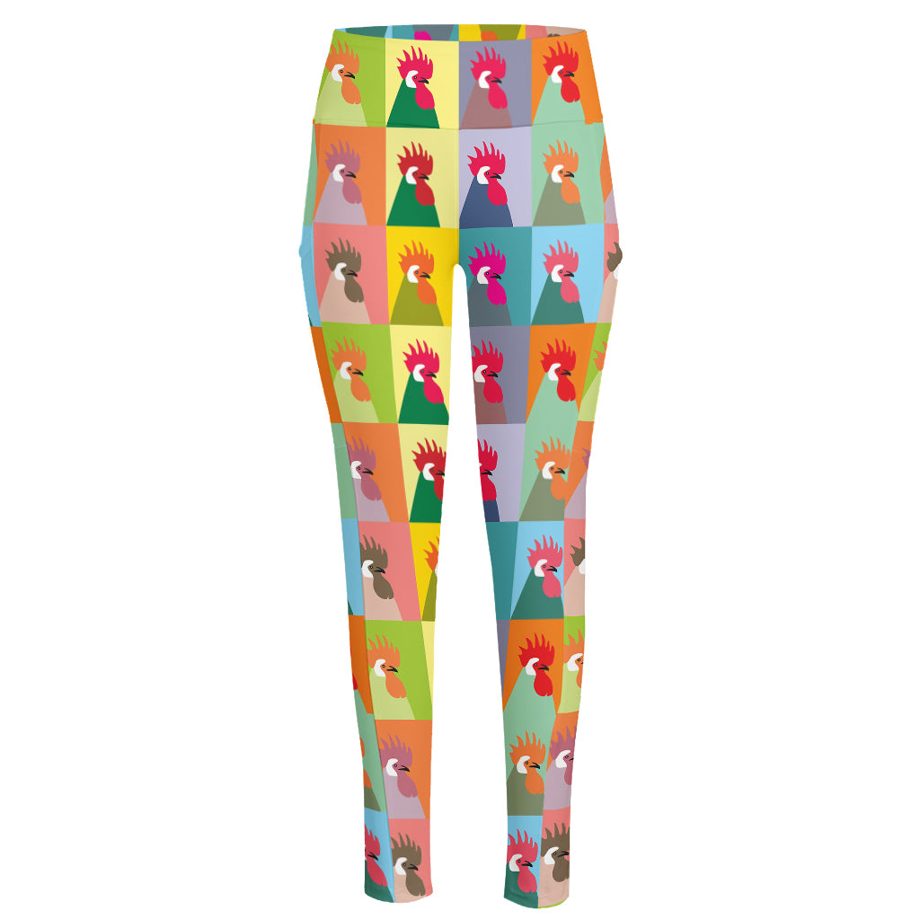 Colorful Rooster Pattern Print High-Waisted Pocket Leggings