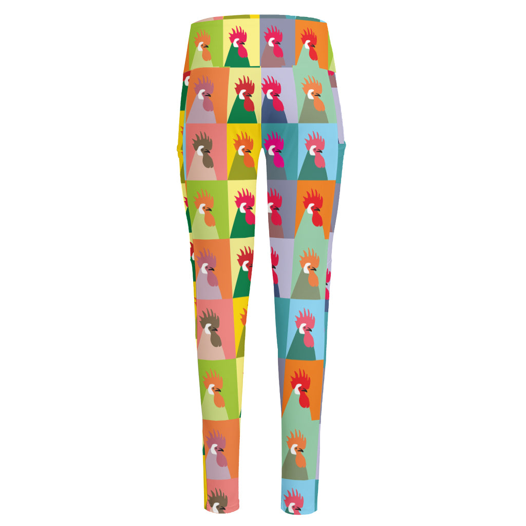 Colorful Rooster Pattern Print High-Waisted Pocket Leggings