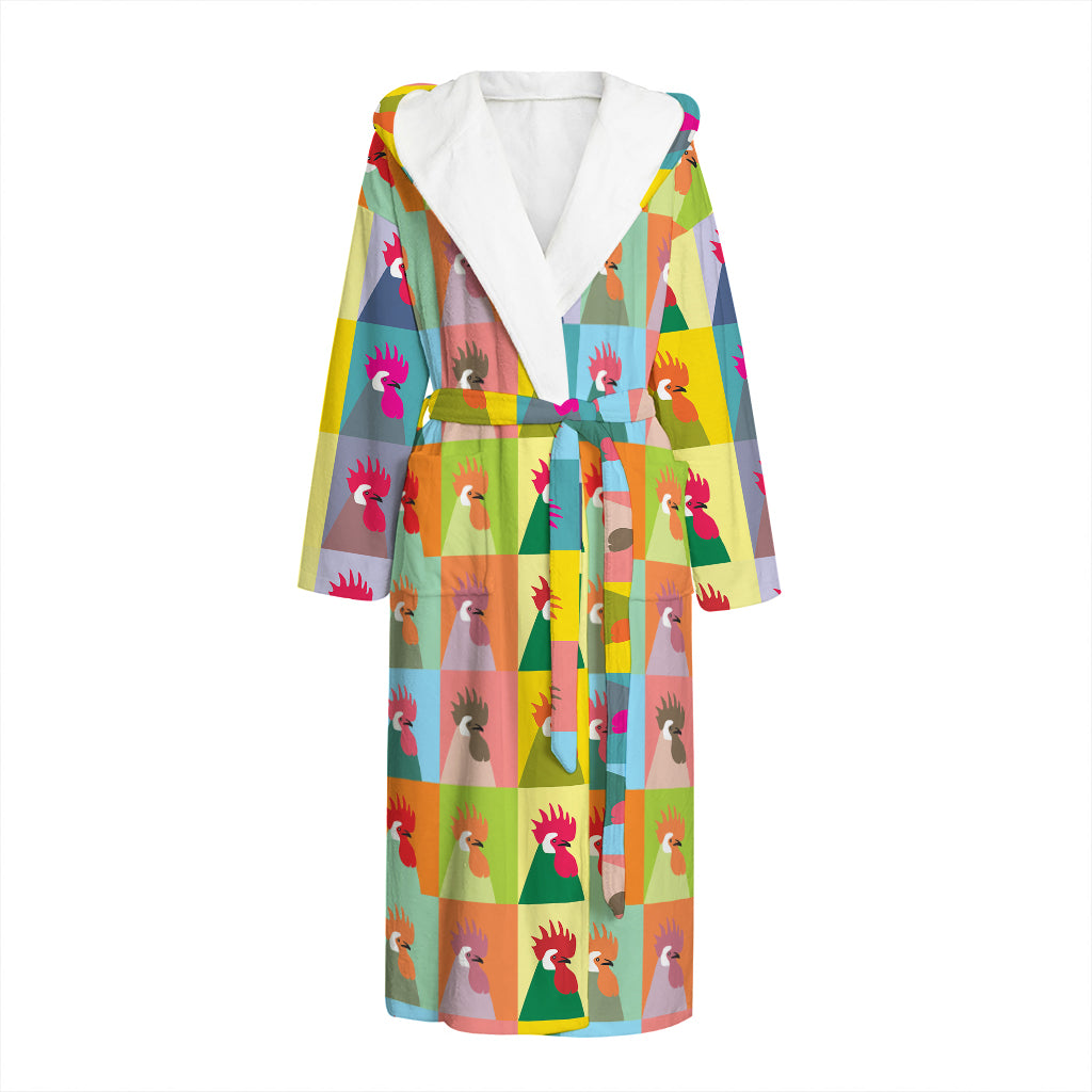 Colorful Rooster Pattern Print Hooded Bathrobe