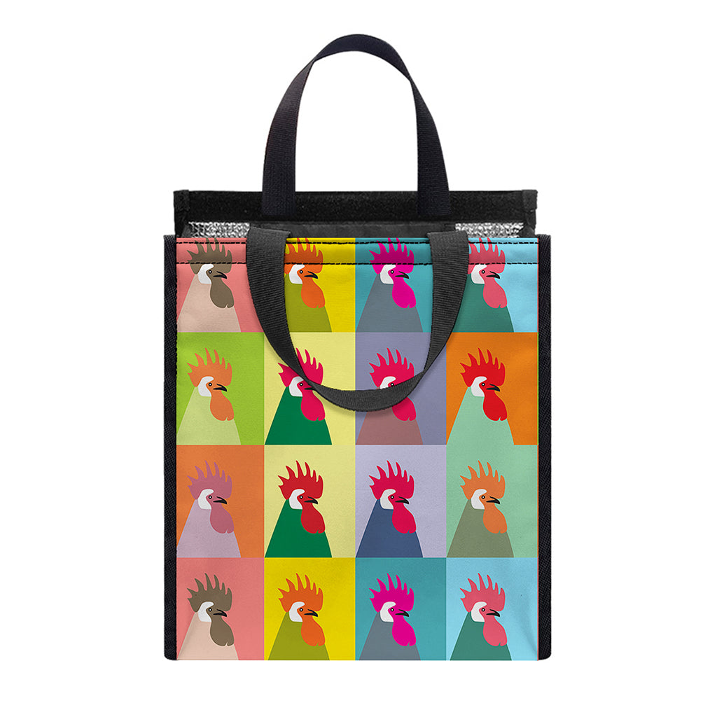 Colorful Rooster Pattern Print Insulated Lunch Tote