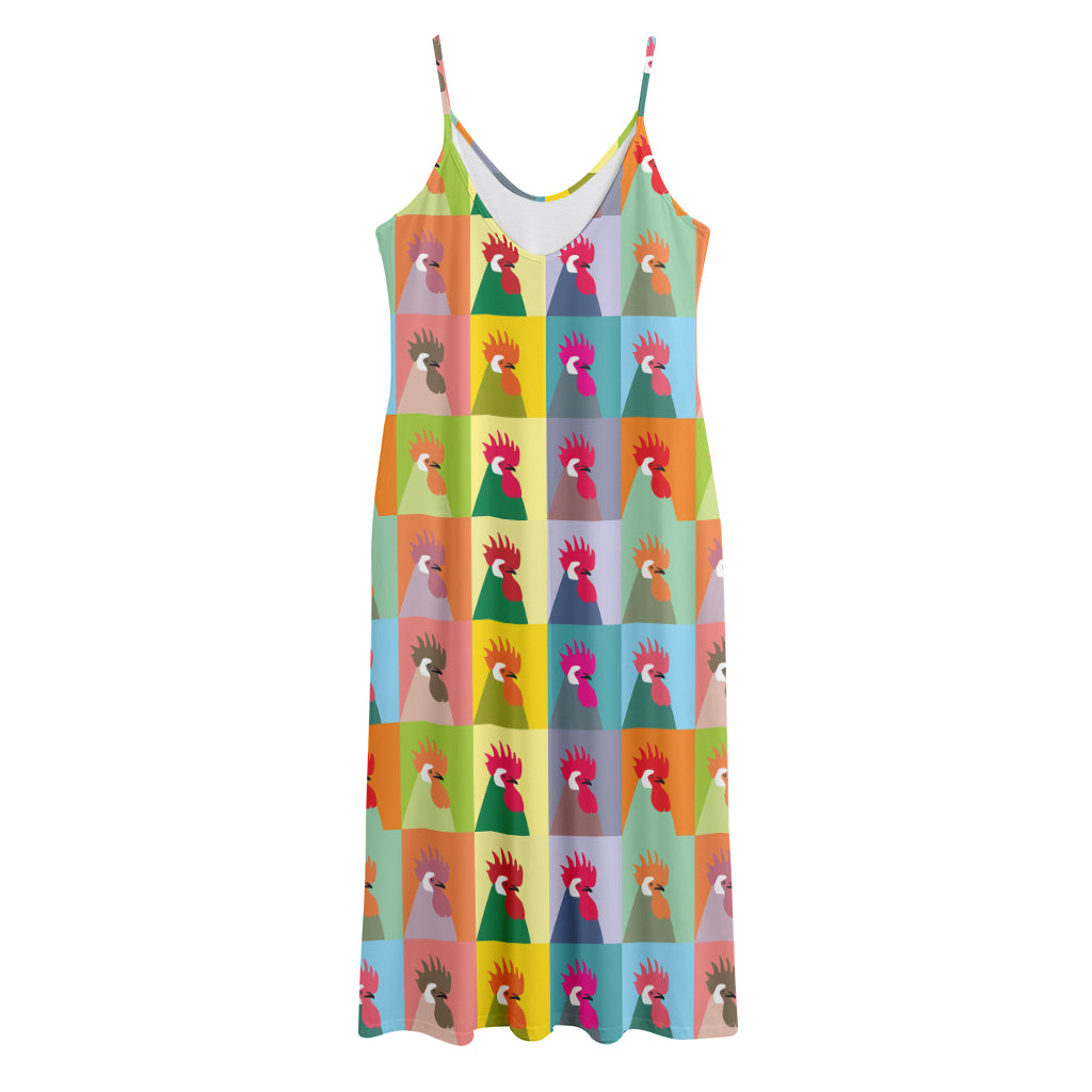 Colorful Rooster Pattern Print Jersey Midi Cami Dress