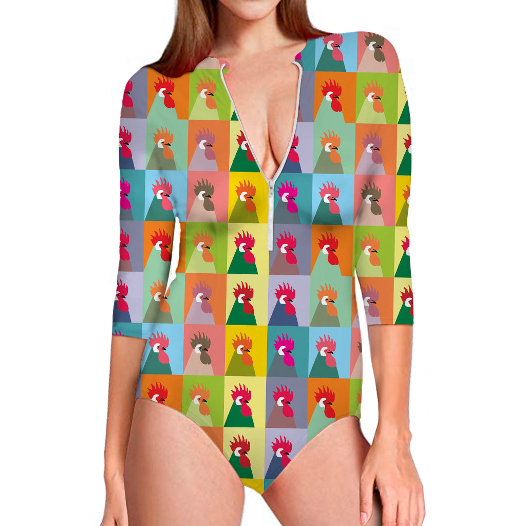 Colorful Rooster Pattern Print Long Sleeve Swimsuit