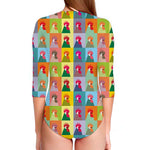 Colorful Rooster Pattern Print Long Sleeve Swimsuit