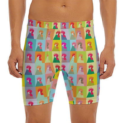 Colorful Rooster Pattern Print Men's Long Boxer Briefs