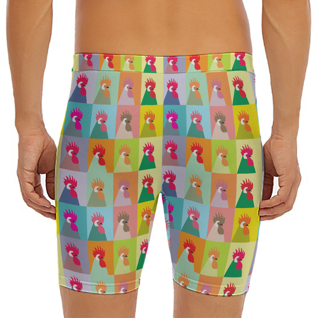 Colorful Rooster Pattern Print Men's Long Boxer Briefs