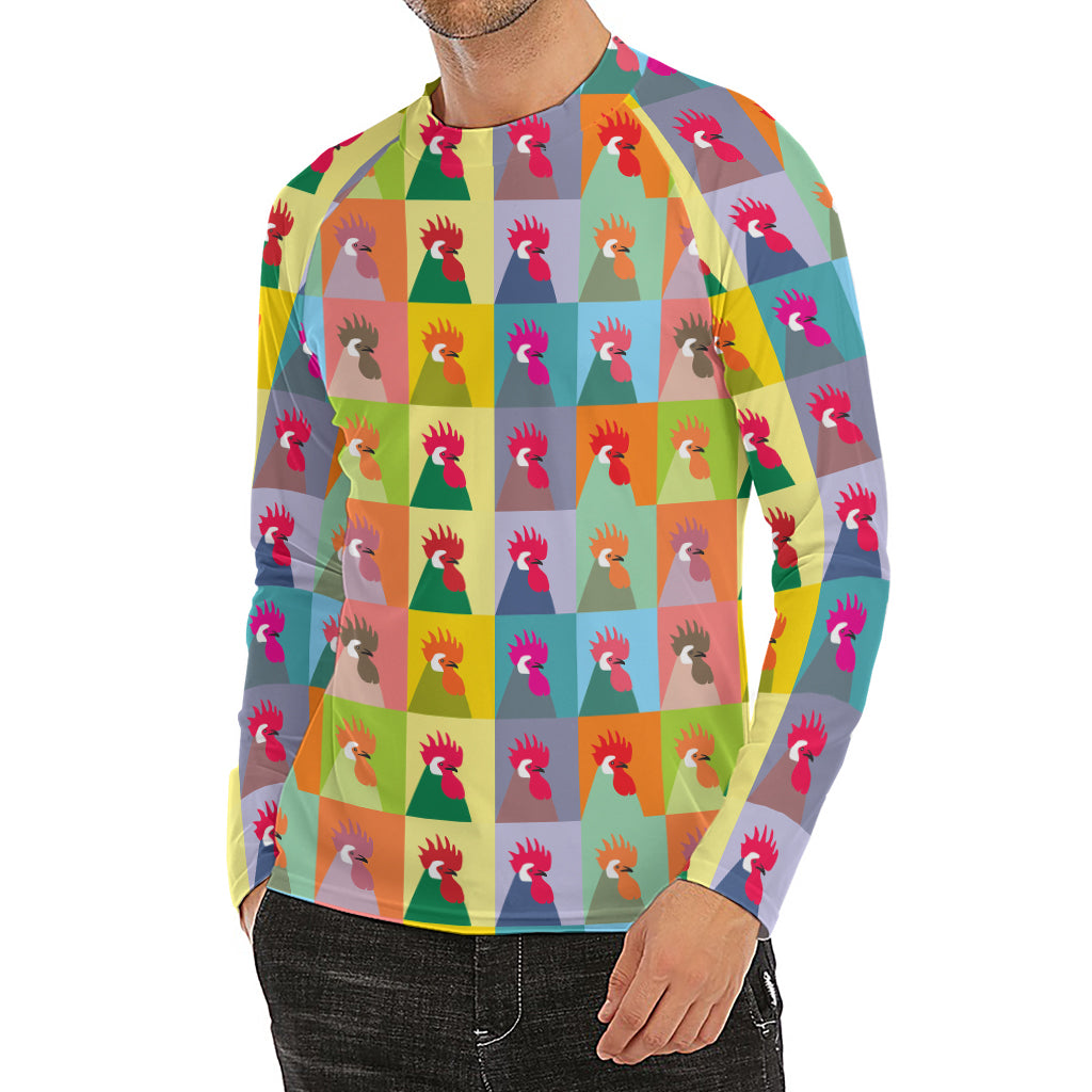 Colorful Rooster Pattern Print Men's Long Sleeve Rash Guard