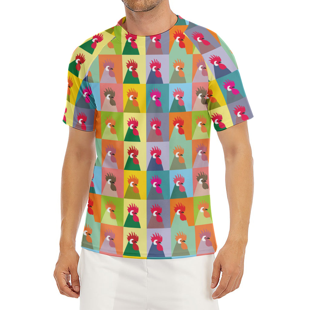 Colorful Rooster Pattern Print Men's Short Sleeve Rash Guard