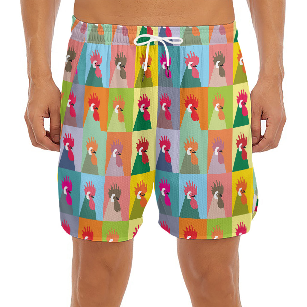 Colorful Rooster Pattern Print Men's Split Running Shorts