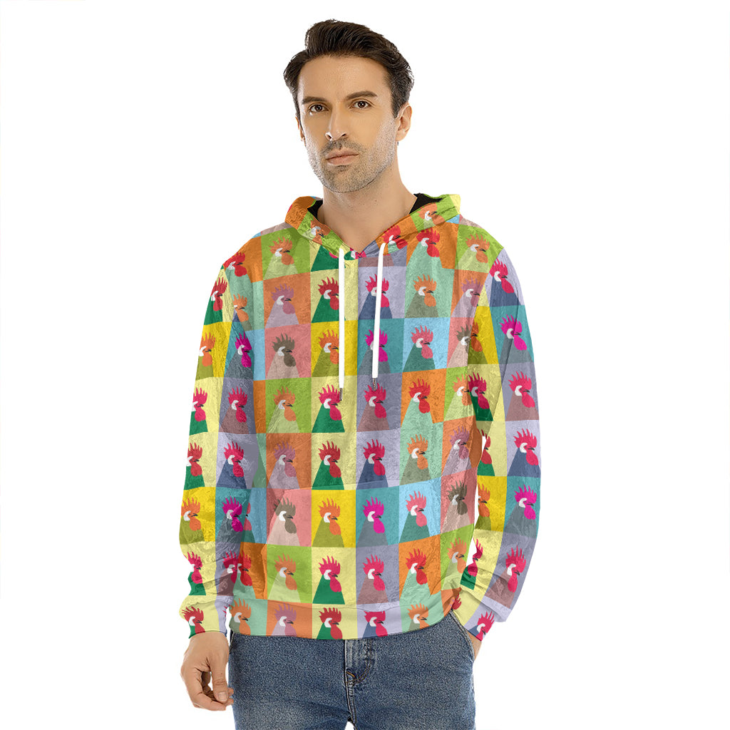 Colorful Rooster Pattern Print Men's Velvet Pullover Hoodie