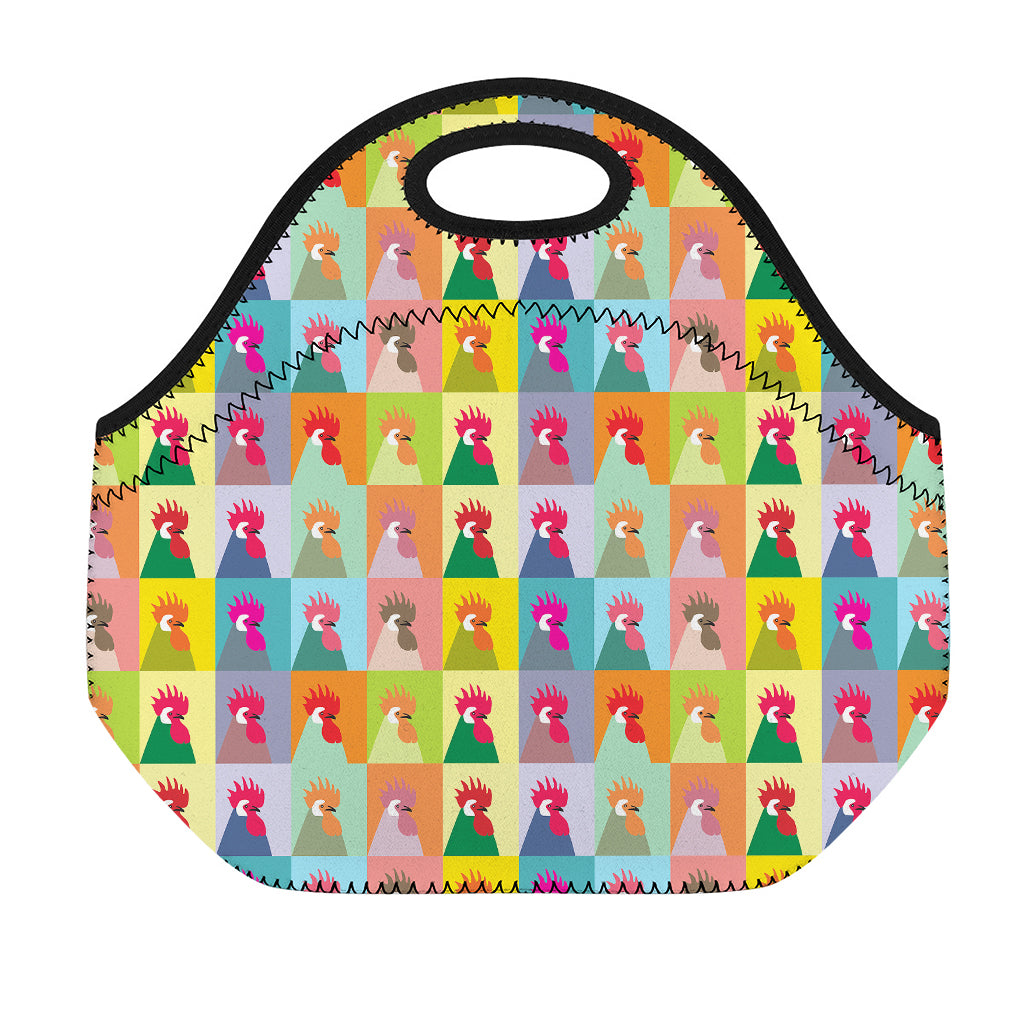 Colorful Rooster Pattern Print Neoprene Lunch Bag