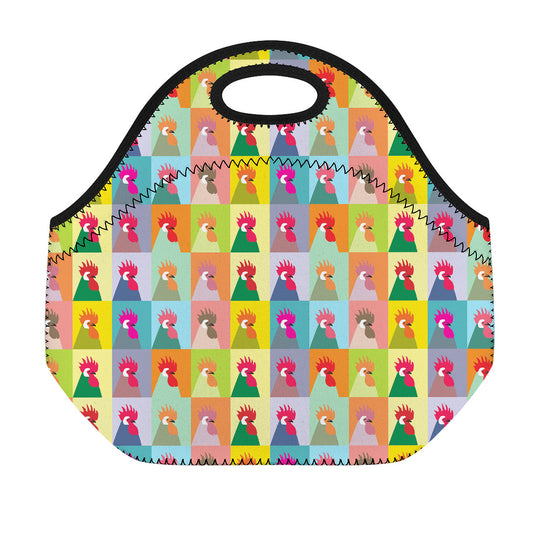 Colorful Rooster Pattern Print Neoprene Lunch Bag