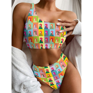 Colorful Rooster Pattern Print One Shoulder Bikini Top