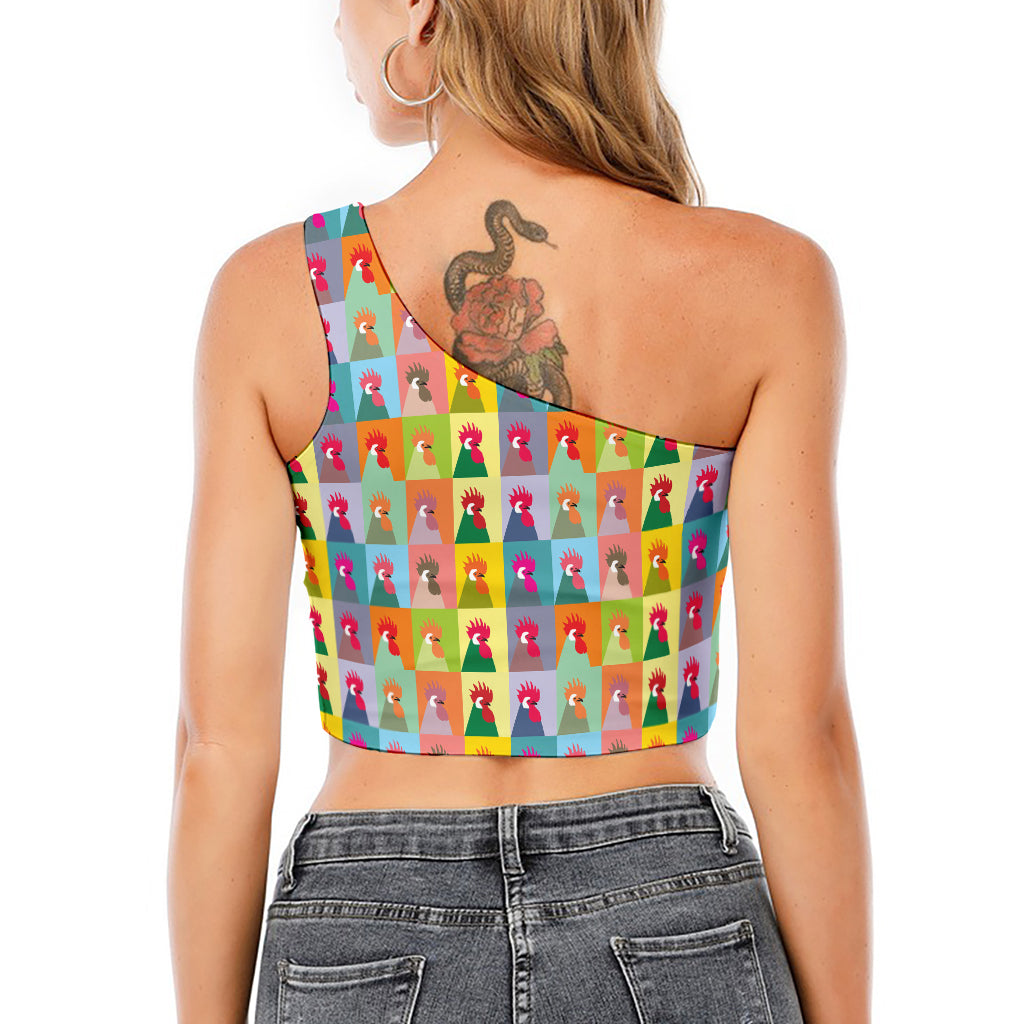 Colorful Rooster Pattern Print One Shoulder Crop Top