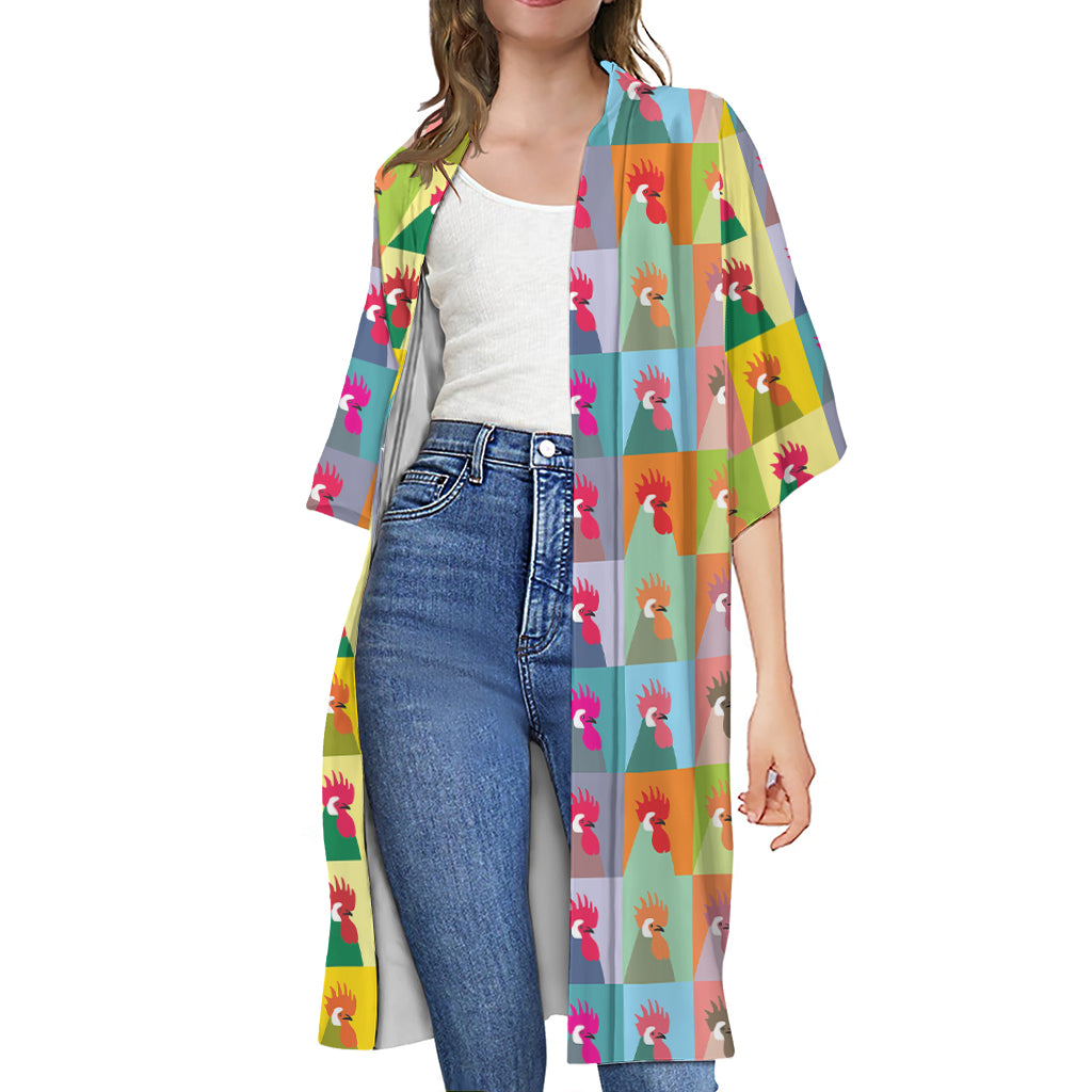 Colorful Rooster Pattern Print Open Front Beach Cover Up