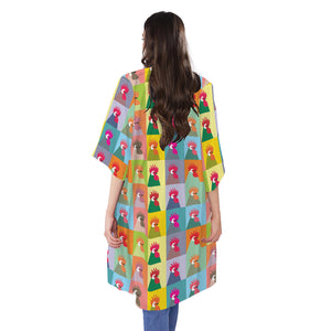 Colorful Rooster Pattern Print Open Front Beach Cover Up