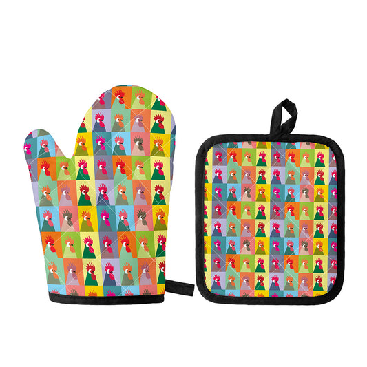 Colorful Rooster Pattern Print Oven Mitt And Pot Holder Set
