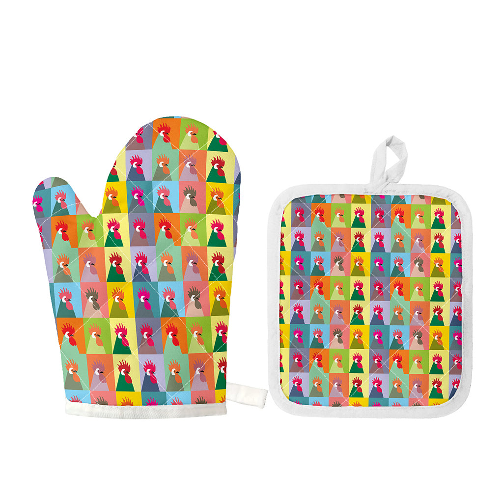 Colorful Rooster Pattern Print Oven Mitt And Pot Holder Set