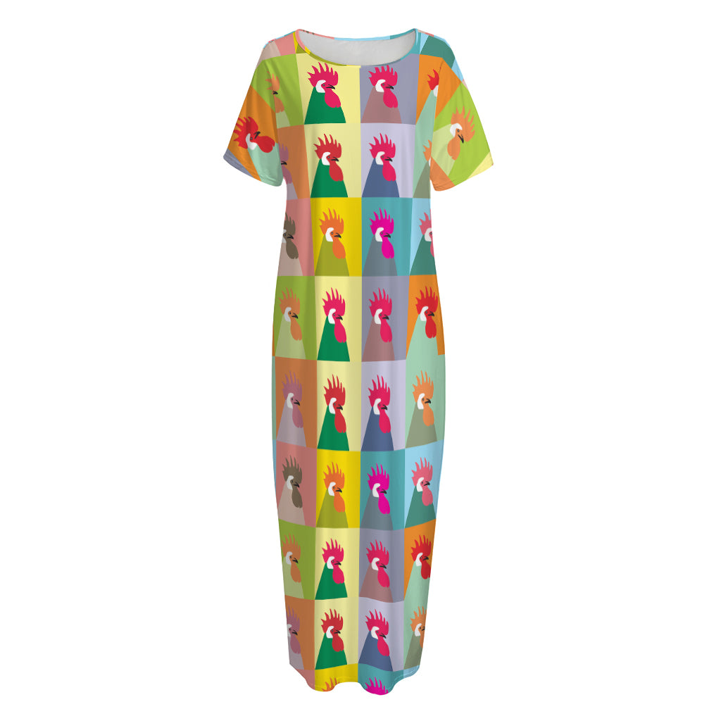 Colorful Rooster Pattern Print Short Sleeve Long Nightdress