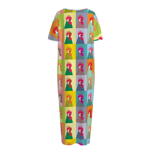 Colorful Rooster Pattern Print Short Sleeve Long Nightdress